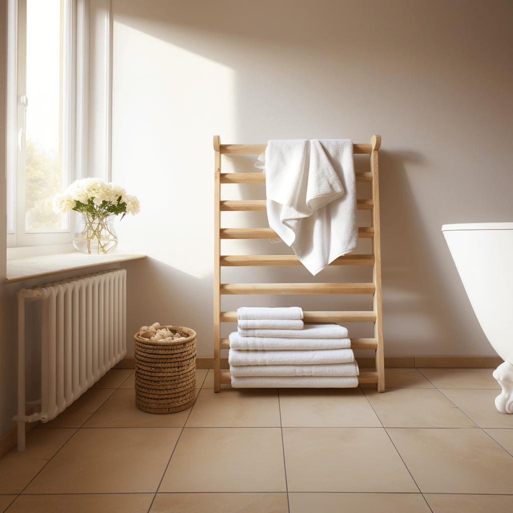 underfloor heating bath, Towels dry on a rack